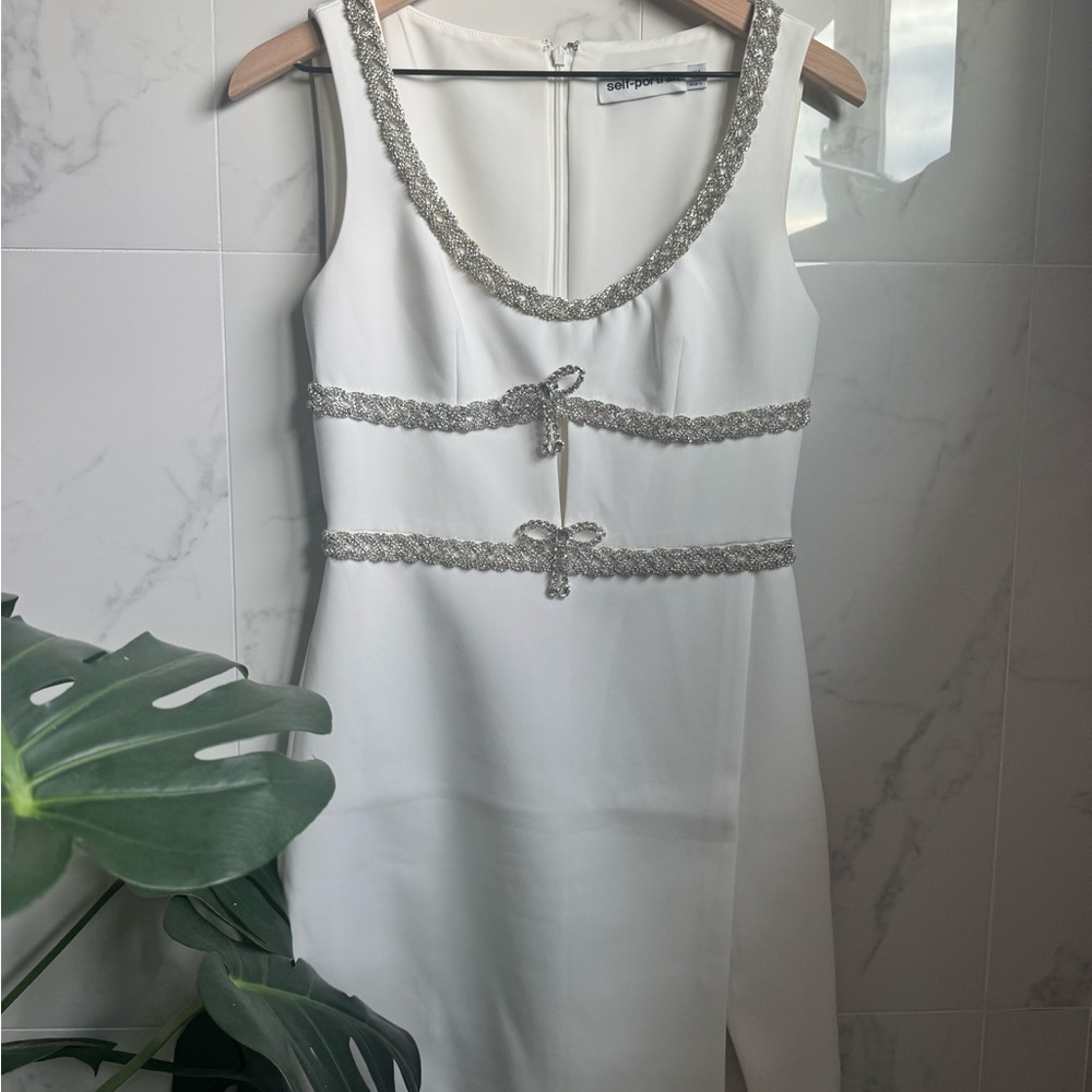 Self-Portrait White Mini Dress with Silver Details